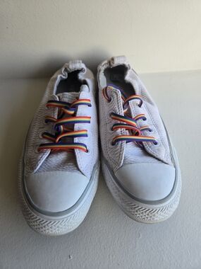 White Converse Canvas Sneakers with Rainbow Laces